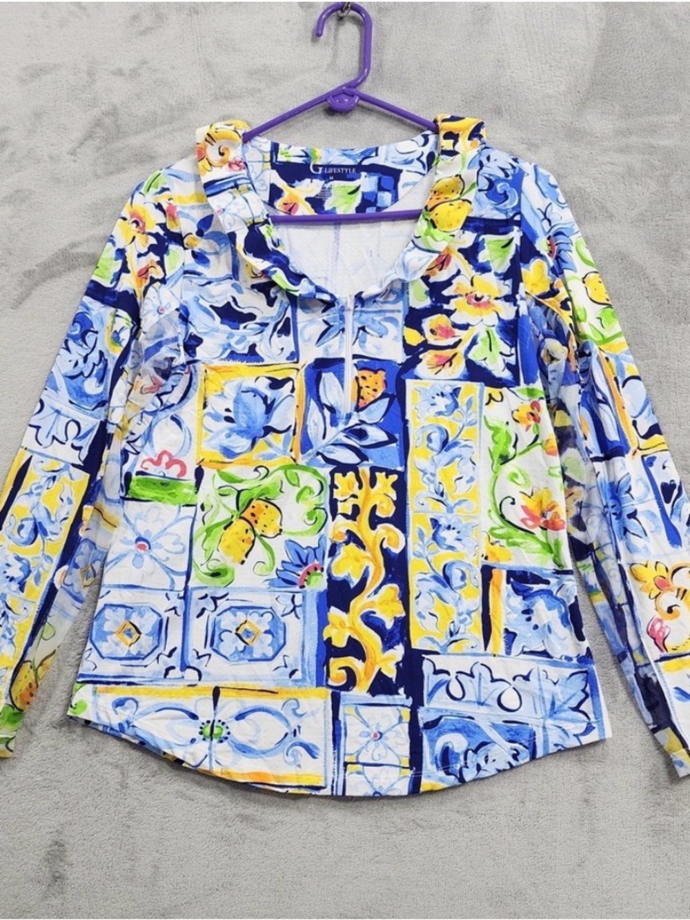 G Lifestyle Top Women M Multicolor Floral 1/4 Zip Ruffle Golf Tennis Athletisure